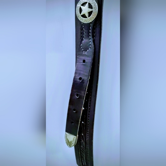 LEATHER MEN'S BELT WESTERN HANDMADE,  FILIGREE SILVER BUCKLE, ⭐ CONCHOS Sz 42-46 - Picture 7 of 15